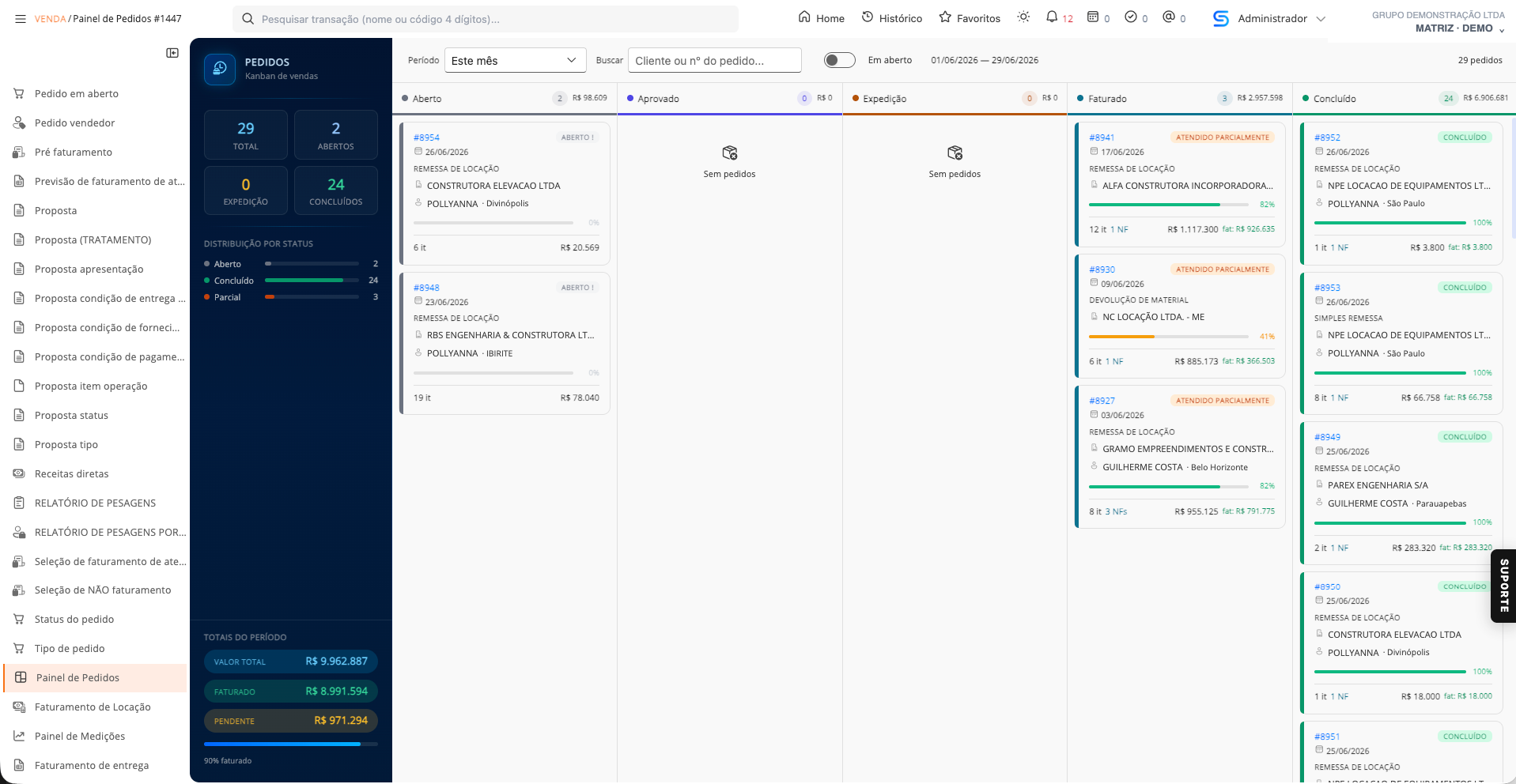 Painel de pedidos em kanban de vendas Segla ERP